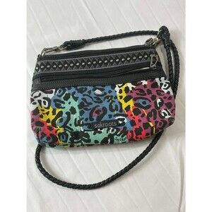 Sakroots Colorful Leopard Print Crossbody Bag Black Leather Trim